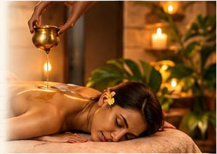 Treatment bed dressed with folded linen and herbal oils