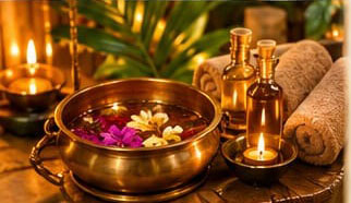 Herbal oils and dried botanicals laid out for a treatment